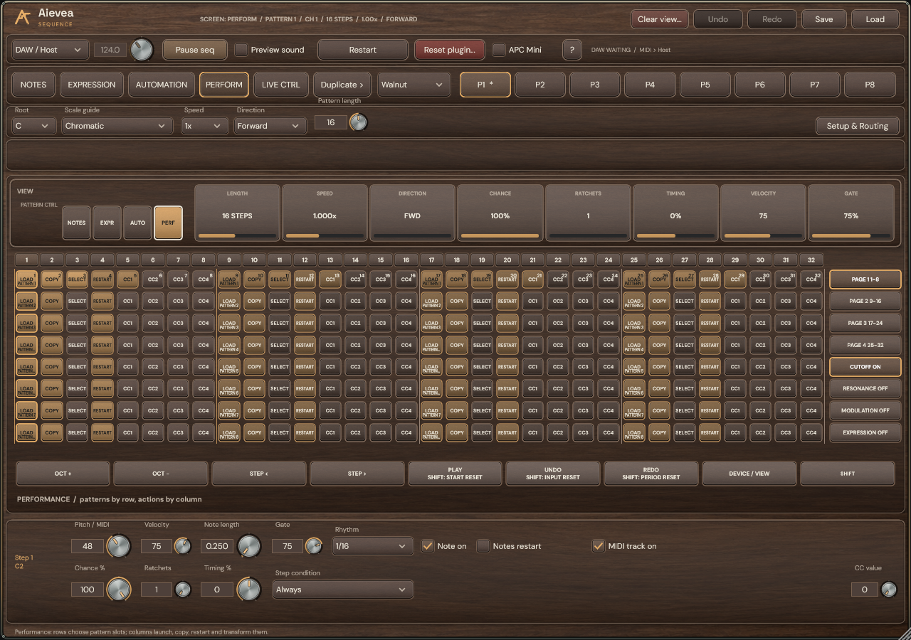 Aievea Sequence Windows editor: Perform: work with patterns